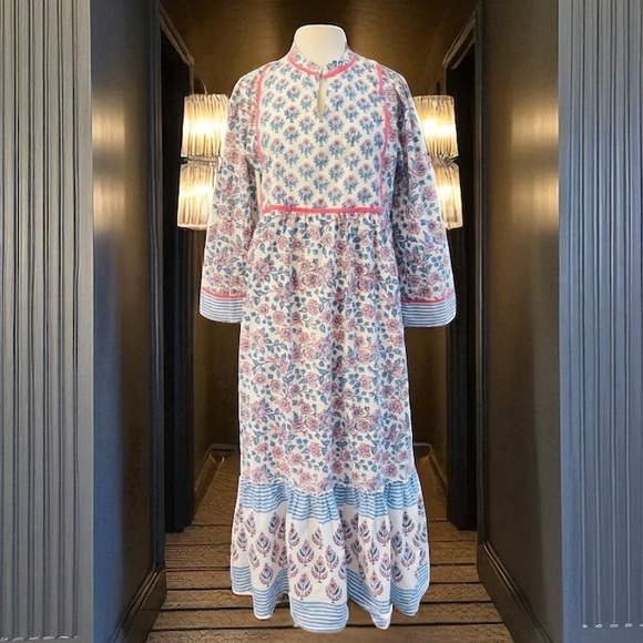 MADISON MATHEWS CHARLESTON DUTCH BLUE FLORAL LINED MAXI RUFFLE DRESS